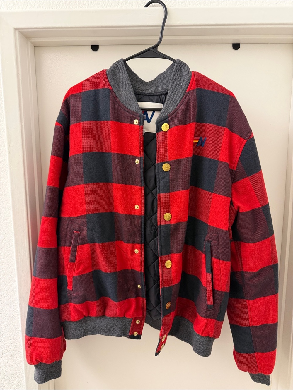 Aviator Nation Red and Black Buffalo Plaid Bomber Jacket